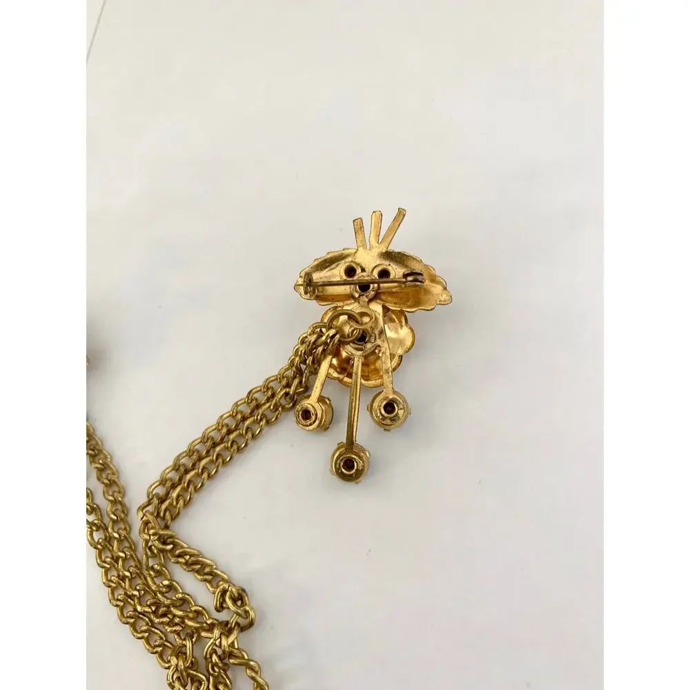 Vintage 1950s Sweater Clip Double Brooch Teal Rhinestone Gold Tone Chain Elegant